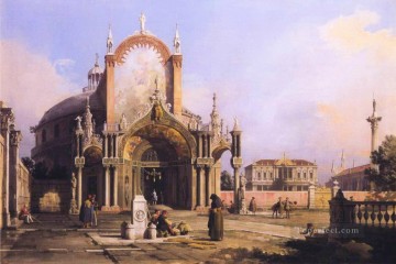Canaletto Painting - capriccio of a round church with an elaborate gothic portico in a piazza a palladian piazza and 1755 Canaletto